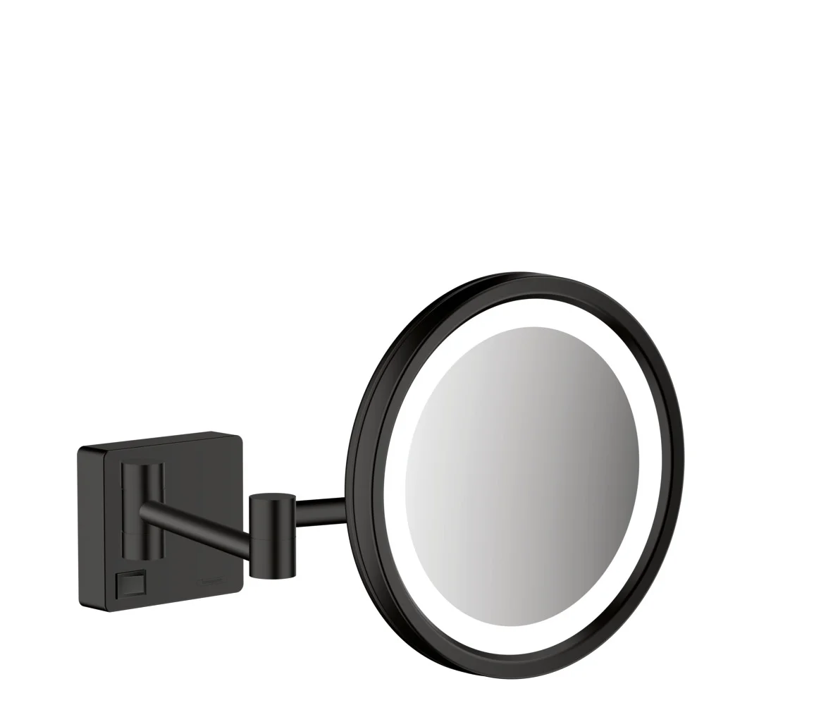 Hansgrohe AddStoris Rasierspiegel mattschwarz mit LED-Licht, 3-fach Vergrößerung, schwenkbar und neigbar