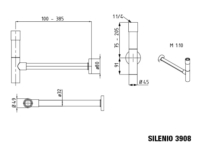 Mod.3908 Designsiphon verchromt passend für alle Modelle Durchmesser Anschlussrohr: 32 mm