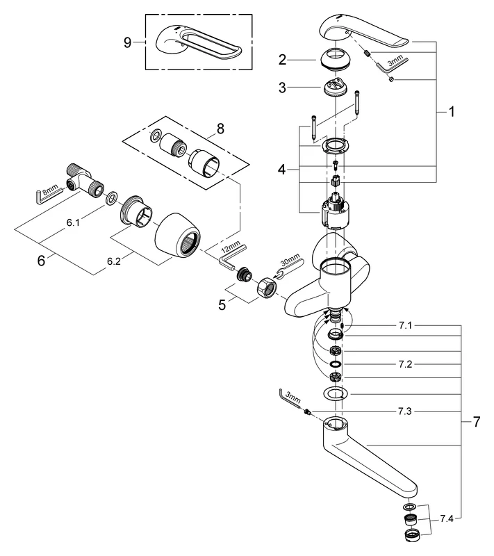 Einhand-Waschtischbatterie Euroeco Special 32774, Wandmontage, Ausladung 274 mm, 46 mm Keramikkartusche, Hebellänge 170 mm, chrom