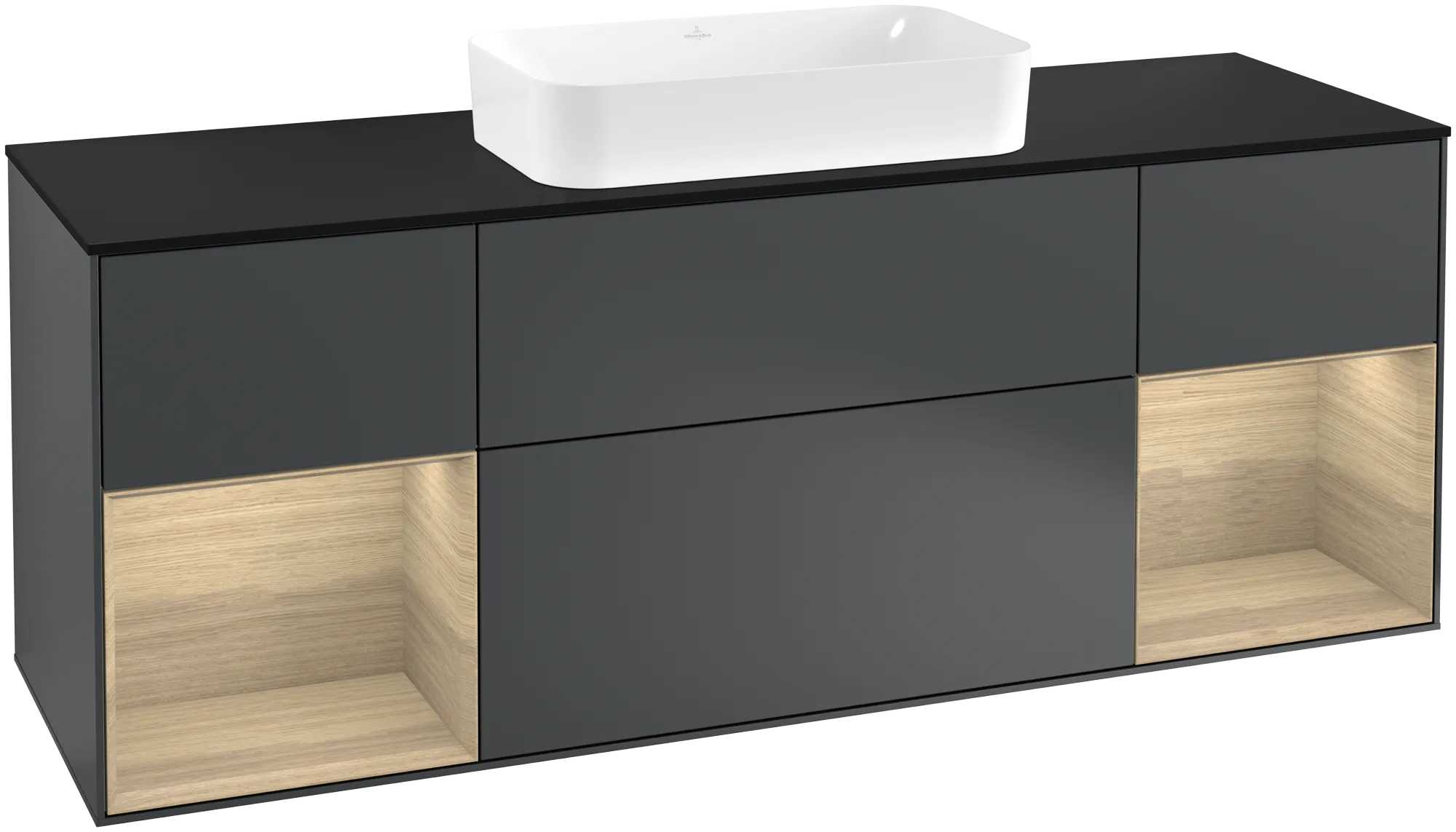 Villeroy & Boch Finion Waschbeckenunterschrank G33, 1600x603x501mm, Midnight Blue Matt Lacquer / Oak Veneer / Glass Black Matt
