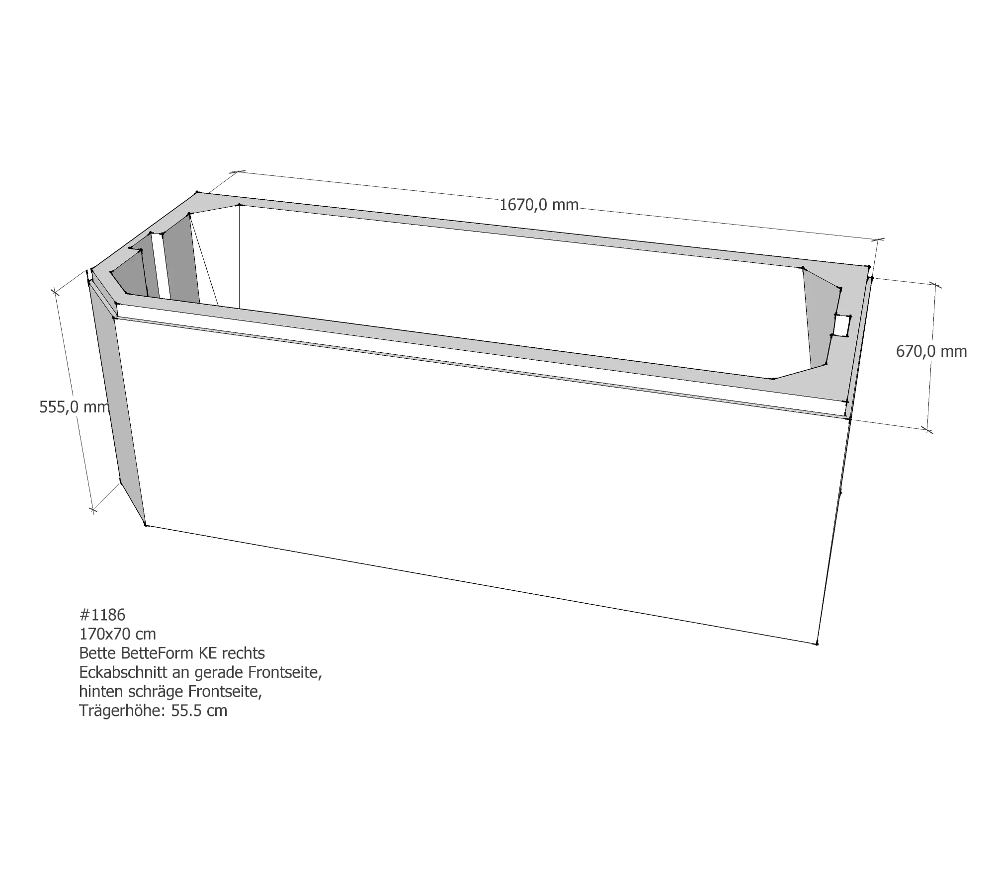 Badewannenträger für Bette Profi-Form KE rechts gerade Frontseite 170 × 70 × 42 cm