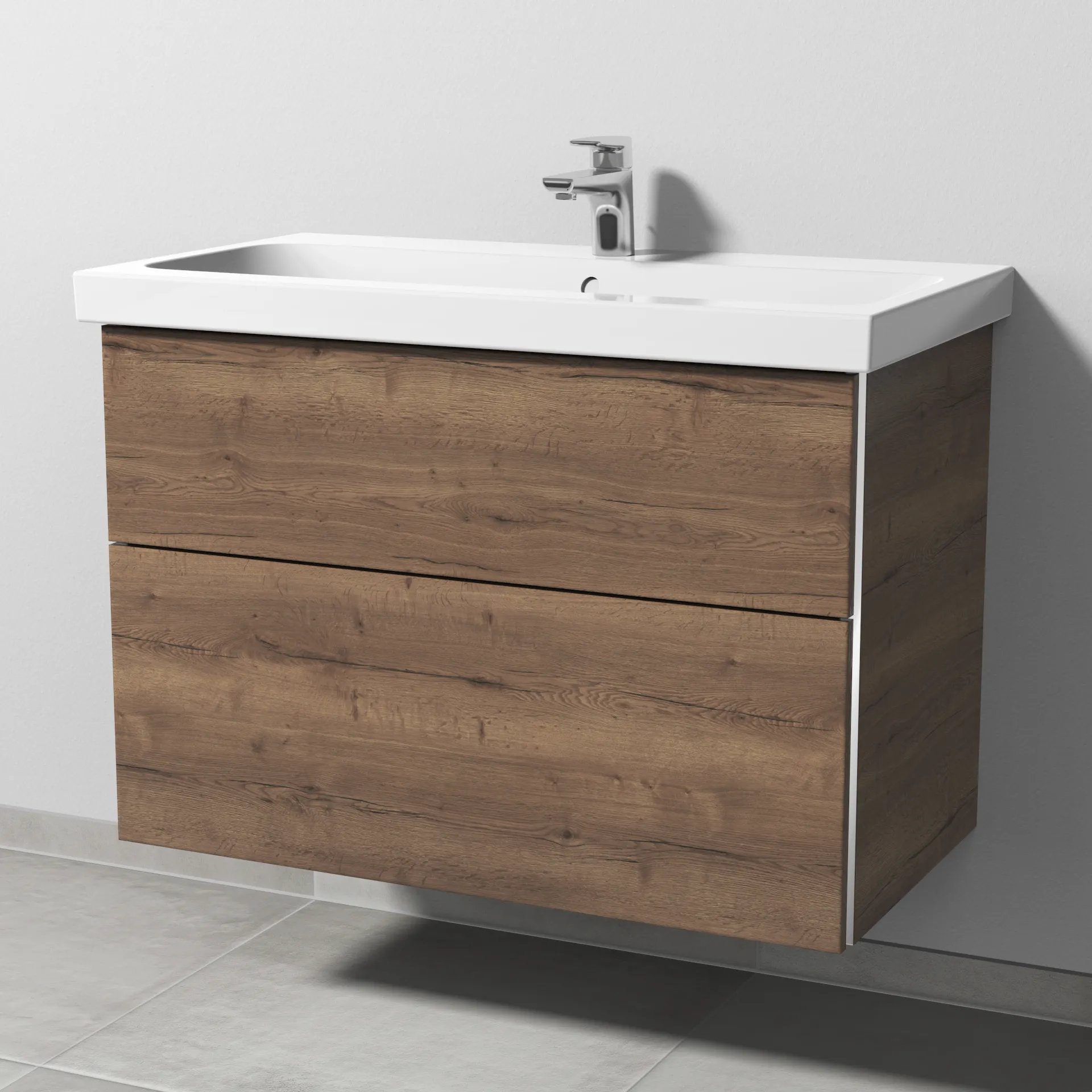 Sanipa Waschtischunterschrank „3way“ passend zu Keramik-Waschtische iCon Light von Geberit 850 × 591 × 462 mm in Eiche Tabak, Becken mittig, mit