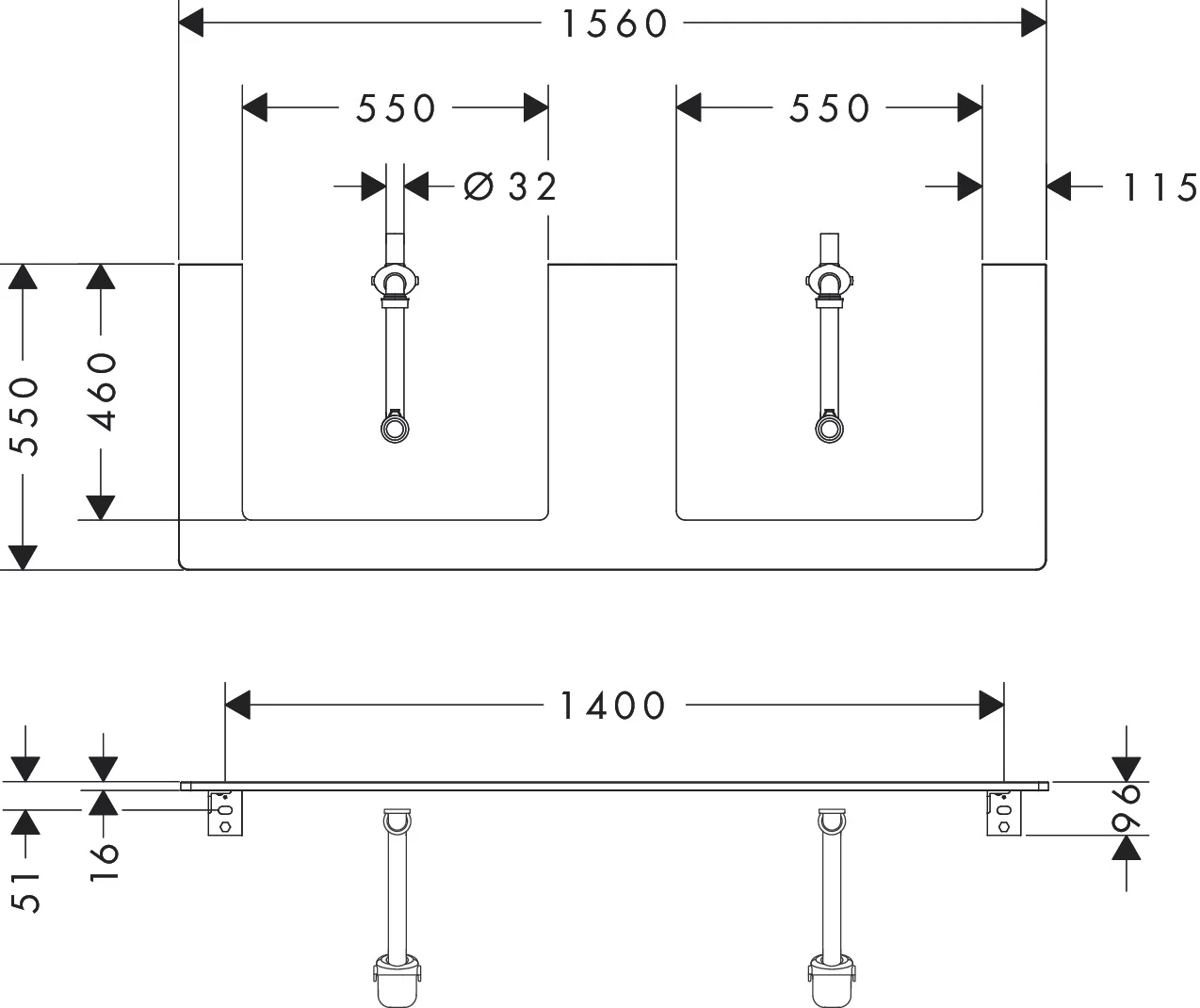 Hansgrohe Xelu Q Konsole, 1560x540 mm, 2 mittige Beckenausschnitte für Aufsatzwaschtisch geschliffen, weiß Hochglanz Hansgrohe Xelu Q Konsole, 1560x540 mm, 2 mittige Beckenausschnitte für Aufsatzwaschtisch geschliffen, weiß Hochglanz