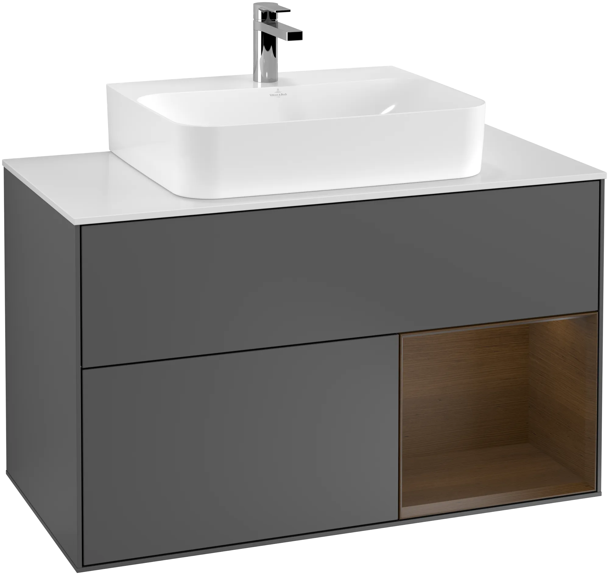 Villeroy & Boch Finion Waschbeckenunterschrank F12, 1000 x 603 x 501 mm, Anthrazit matt/Lack / Eiche Spiegeloptik / Glas Weiss matt