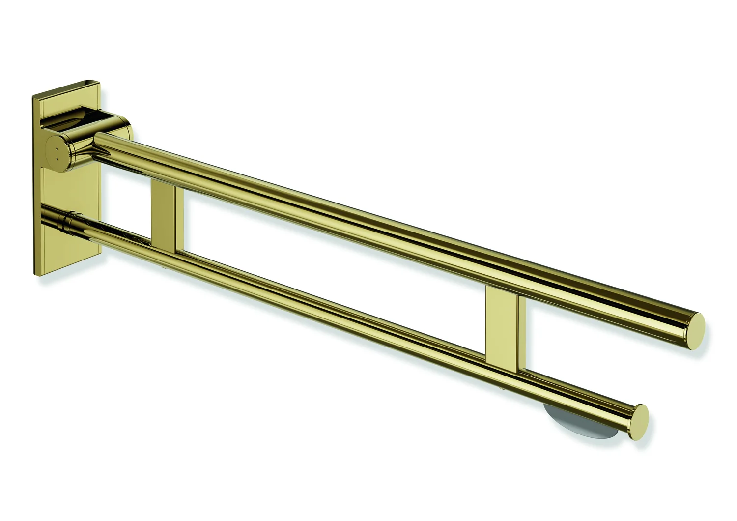 HEWI System 900 - Mobiler Stützklappgriff Duo, Edelstahl PVD gold glänzend, Ausladung 850 mm, mit WC-Papierhalter