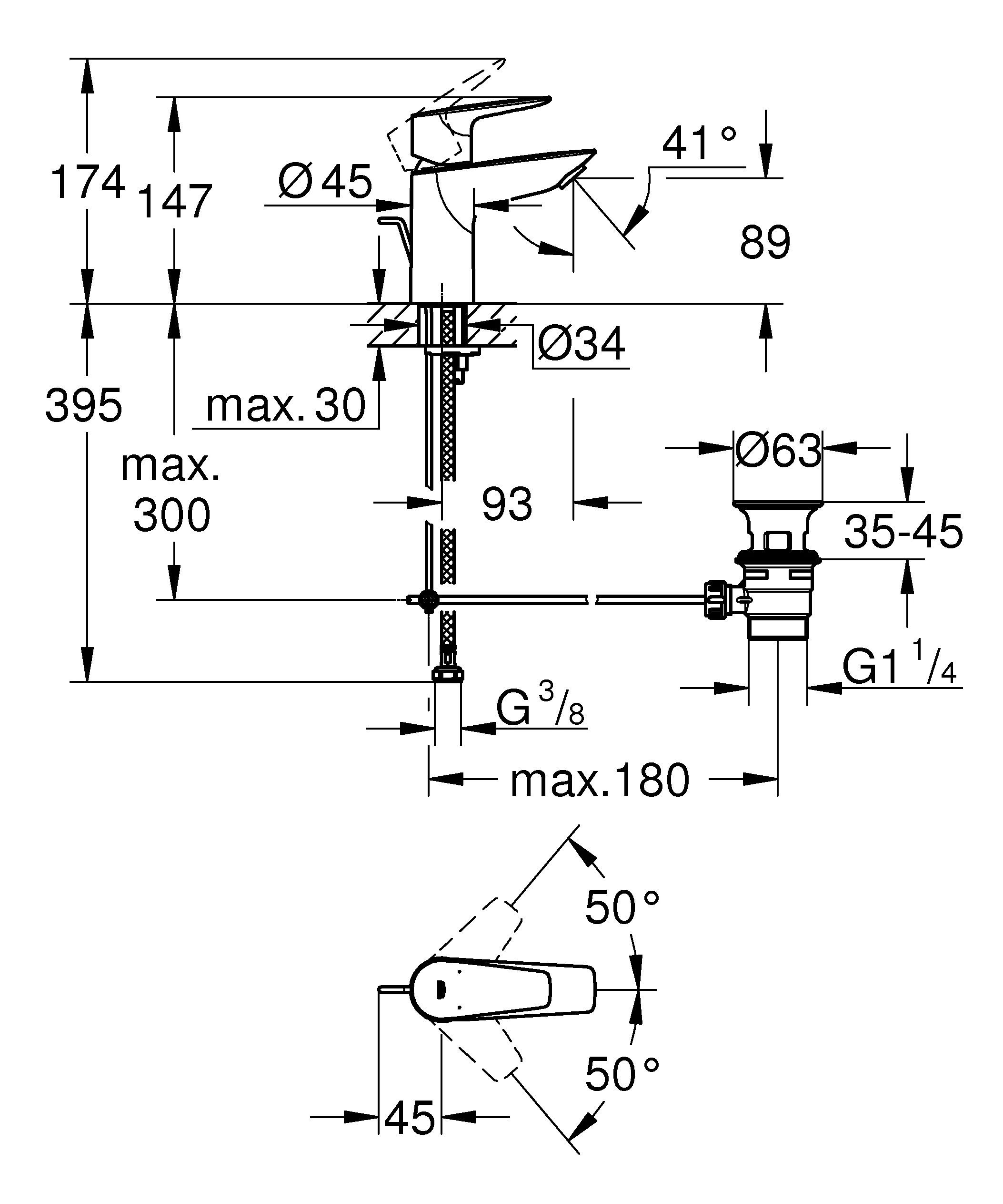 Einhand-Waschtischbatterie BauEdge 23328_1, S-Size, Einlochmontage, mit Temperaturbegrenzer, EcoJoy Mousseur 5,7 l/min, Zugstangen-Ablaufgarnitur aus Kunststoff 1 1/4″, chrom