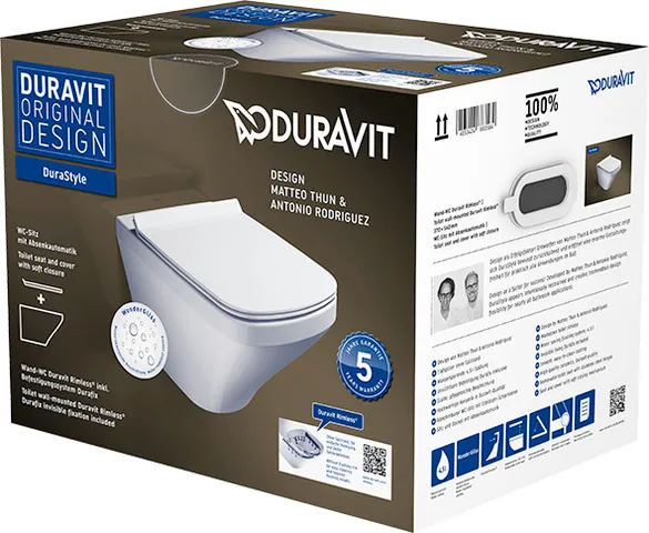 Duravit Wand-Tiefspül-WC inkl. WC-Sitz „DuraStyle“ 37,3 × 54 × 39,3 cm, Befestigung sichtbar, ohne Spülrand Duravit Wand-Tiefspül-WC inkl. WC-Sitz „DuraStyle“ 37,3 × 54 × 39,3 cm, Befestigung sichtbar, ohne Spülrand