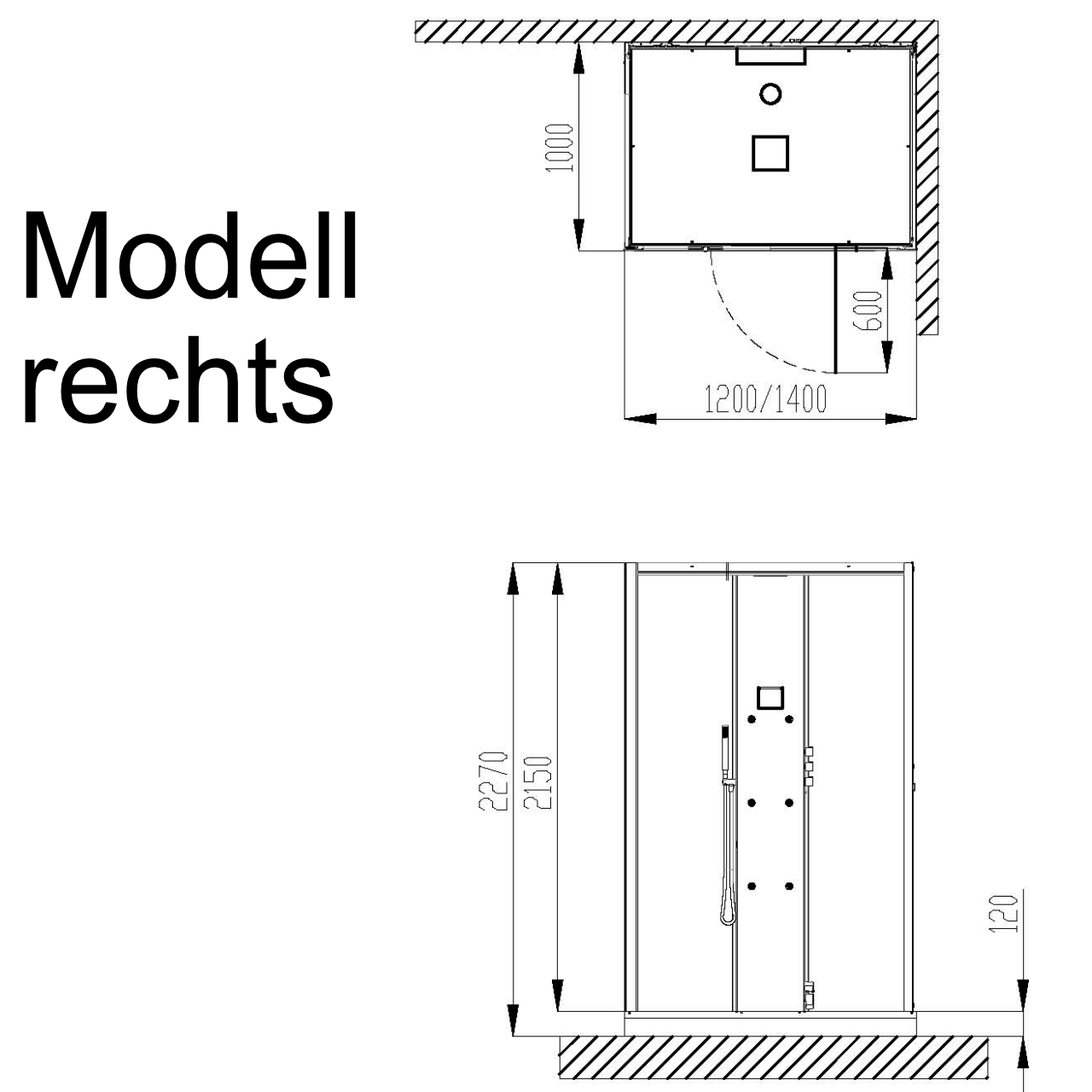 Dampfkabine SensePerience Rechteck 1200x1000 rechts bodenbündig, Wände Weiß