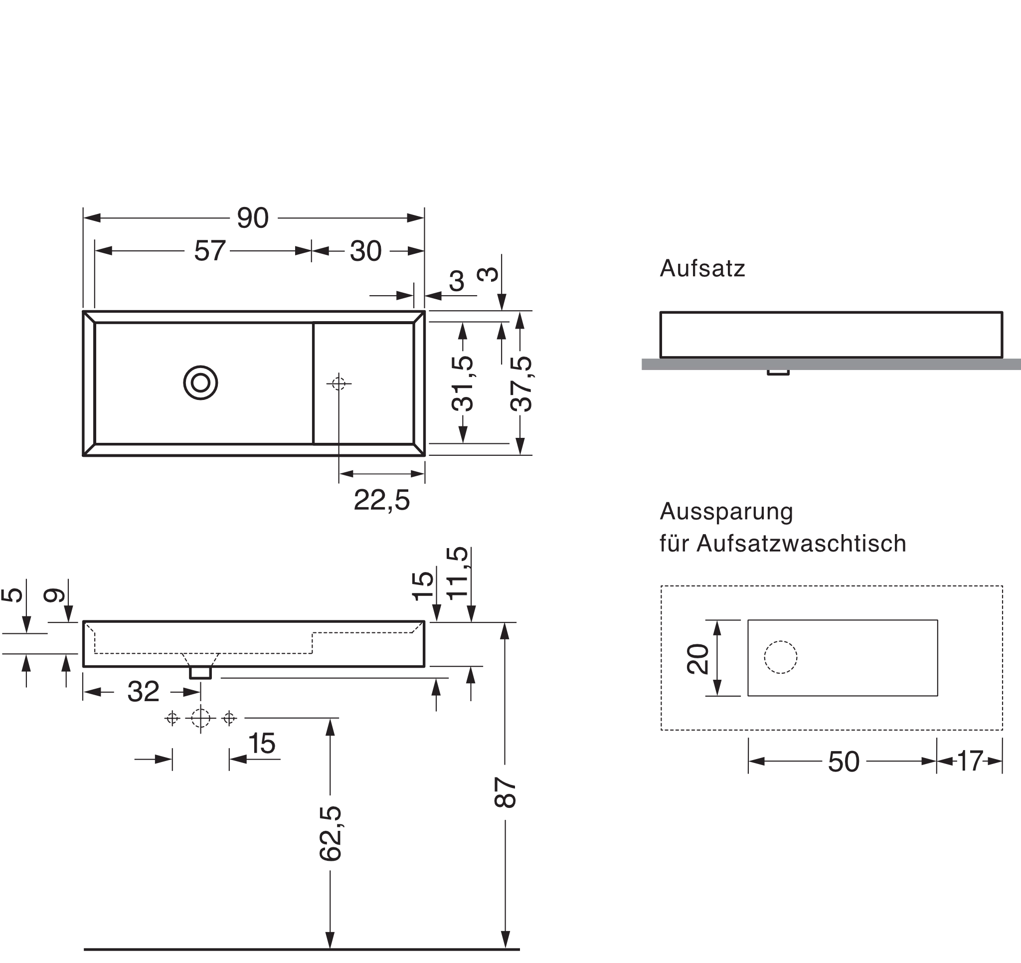 repaBAD Aufsatzwaschtisch „Cut“ 900 × 380 × 115 mm, ohne Hahnlochbohrung, links, Hahnlochposition mittig in Schwarz Matt