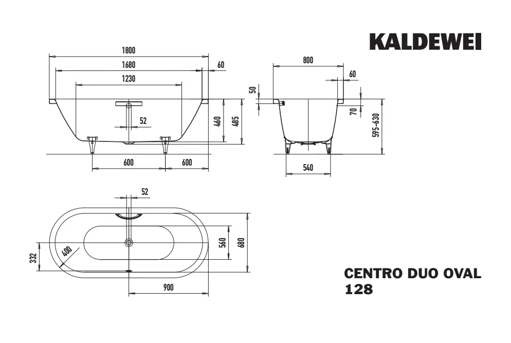 Kaldewei CENTRO DUO OVAL Badewanne, oval, 1800x800 mm, Antislip-Oberfläche, mit Griffloch, emailliertem Ab- und Überlaufdeckel