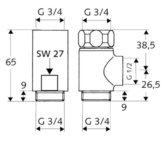 T- und Distanzstück, Überwurfmutter DN 20 G 3/4 IG, DN 20 G 3/4 IG, 2x DN 20 G 3/4 AG (unten), DN 20 G 3/4 AG, DN 20 G 1/2 IG (rechts), chrom