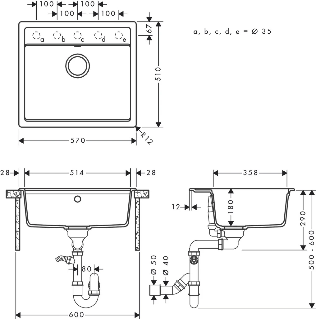 S52 S520-F510 Einbauspüle mit automatischer Ablaufgarnitur Graphitschwarz