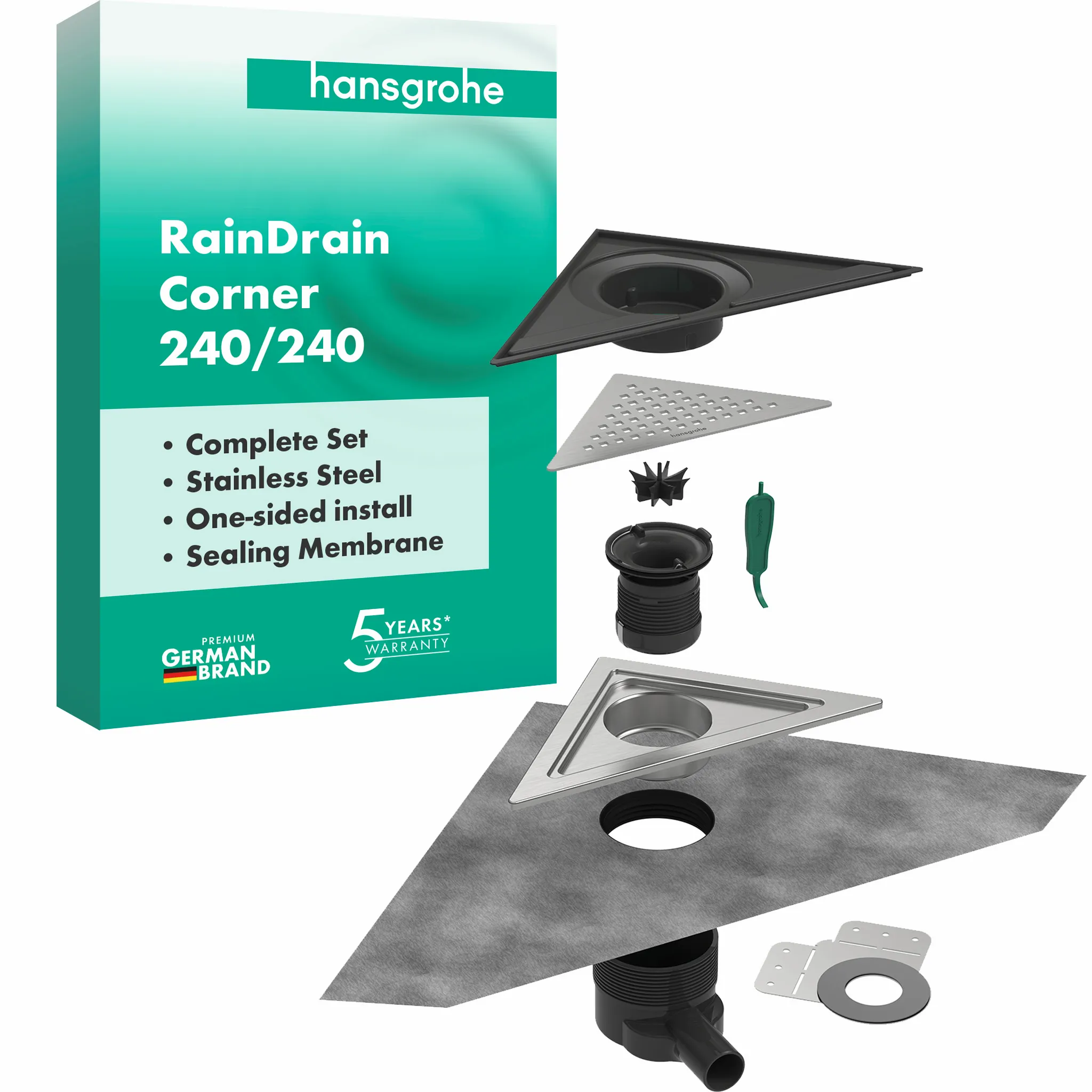 Hansgrohe RainDrain Corner Komplettset Punktablauf 240⁄240, Edelstahl gebürstet Hansgrohe RainDrain Corner Komplettset Punktablauf 240⁄240, Edelstahl gebürstet