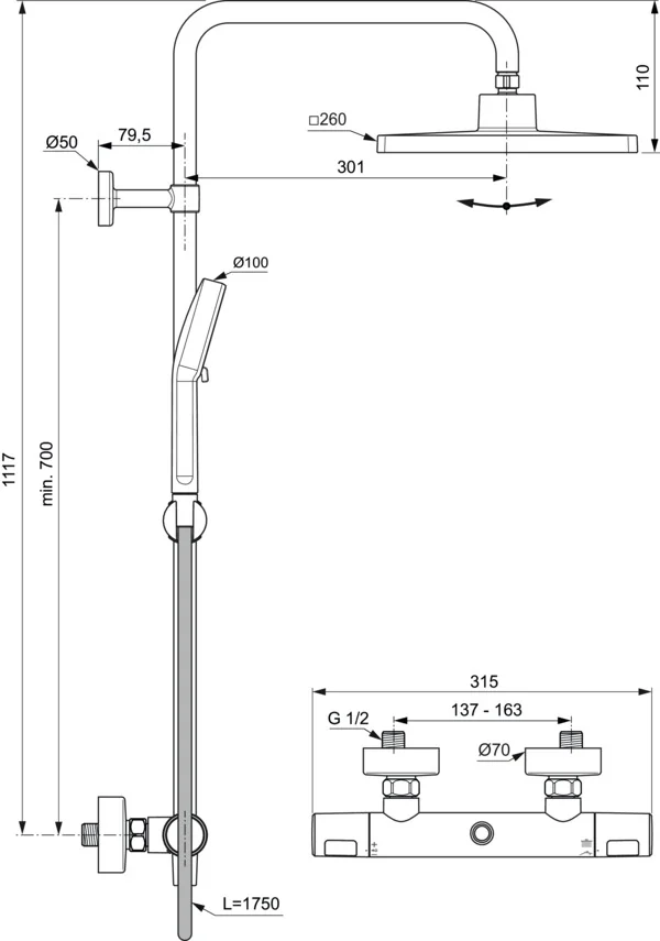 Ideal Standard Ceratherm T25+ Duschsystem mit eckiger Kopfbrause in Chrom, 8 Liter pro Minute, für den professionellen Einsatz