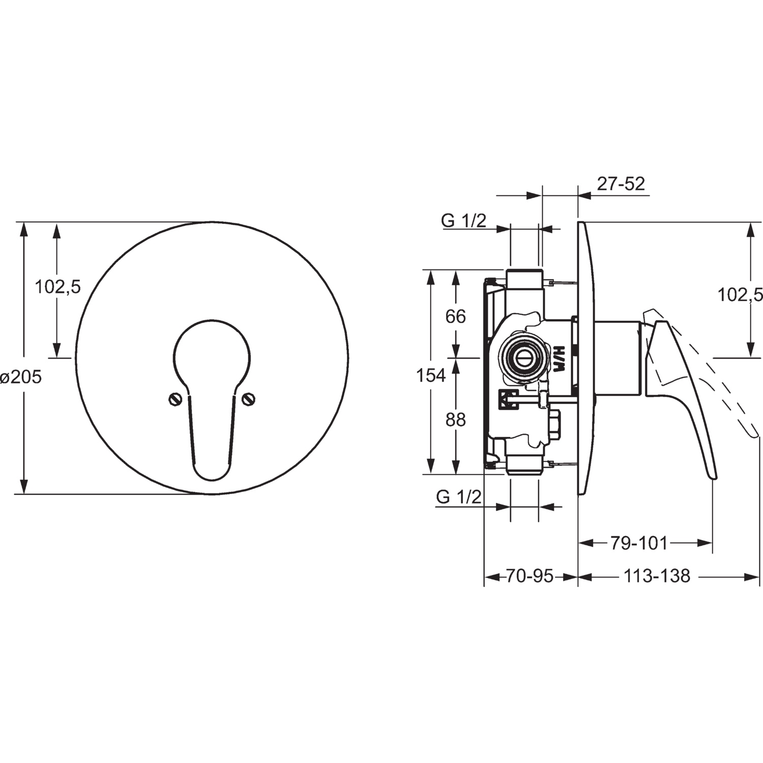 HA Einhebelmischer Fertigmontageset für Brausebatterie HANSAMIX 0185 Rosette rund Chrom