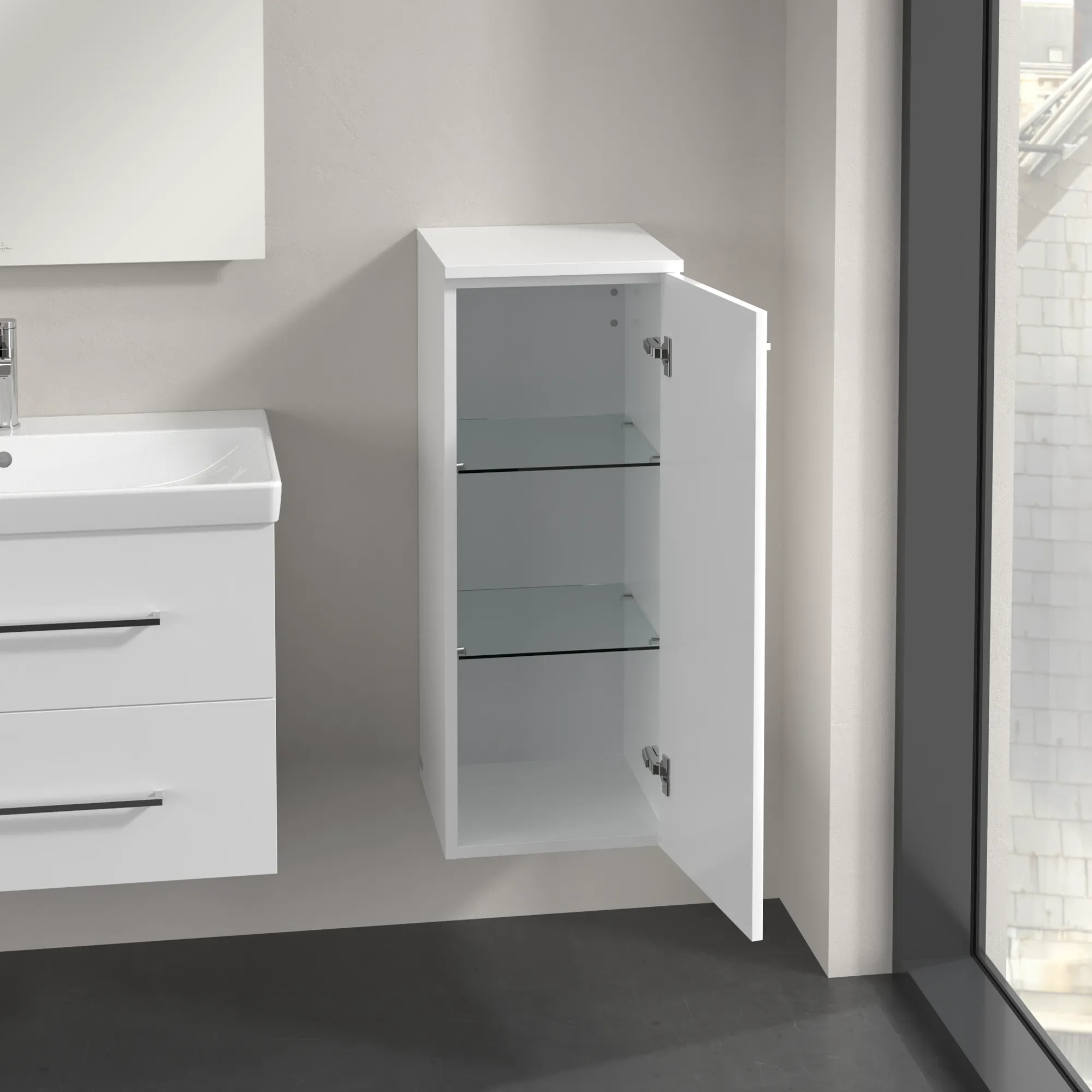 Villeroy & Boch Seitenschrank Avento, Brilliant White, 347 x 371 x 888 mm, 1 Tür, SoftClosing, Wandmontage