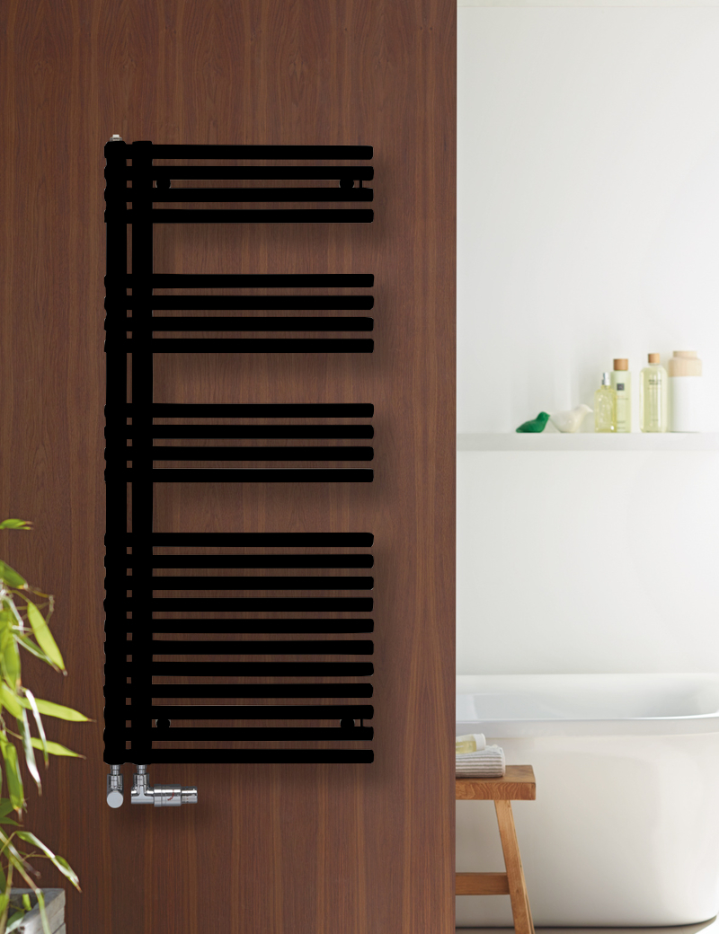 Zehnder Design-Heizkörper „Forma Asym“ für Warmwasser-Zentralheizung oder gemischten Betrieb mit 50 mm-Mittelanschluss 59,6 × 168,1 cm in Black Matt