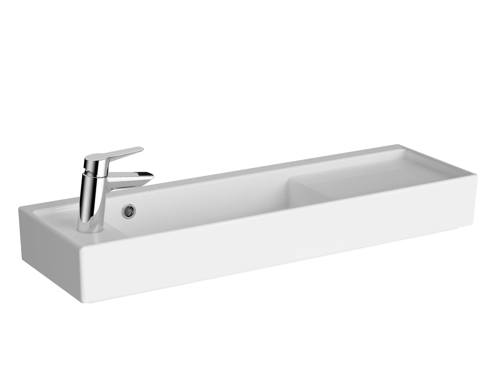 VitrA ArchiPlan Waschtisch Compact asymmetrisch 90 x 28 cm rechteckig wandgebunden Becken links Hahnloch links Ablage rechts mit Überlaufloch Weiß Hochglanz