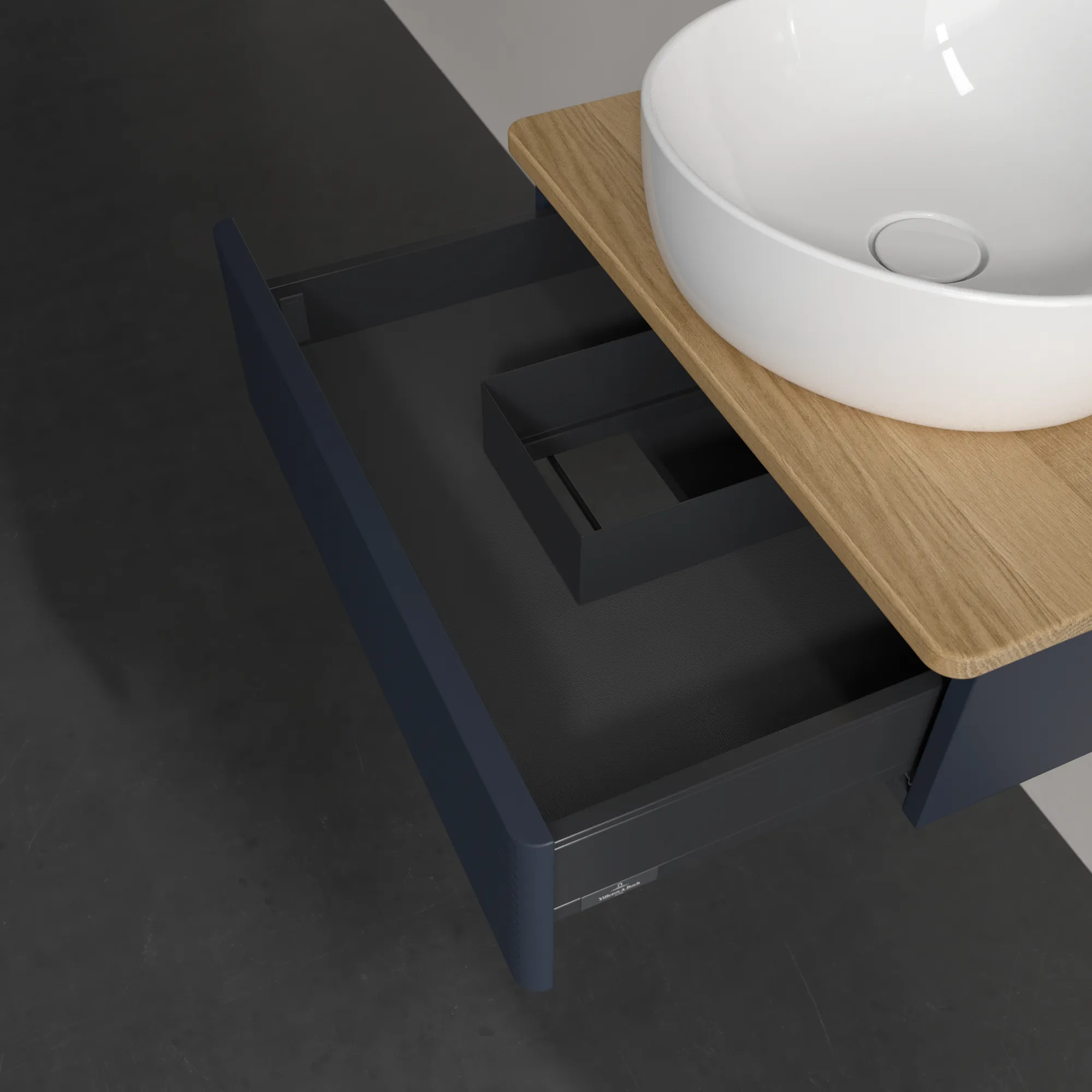 Villeroy & Boch Waschbeckenunterschrank Antao K07_1, 600x190x500 mm, Midnight Blue Matt Lacquer, Massivholz Abdeckplatte, SoftClosing, Push-to-open Villeroy & Boch Waschbeckenunterschrank Antao K07_1, 600x190x500 mm, Midnight Blue Matt Lacquer, Massivholz Abdeckplatte, SoftClosing, Push-to-open
