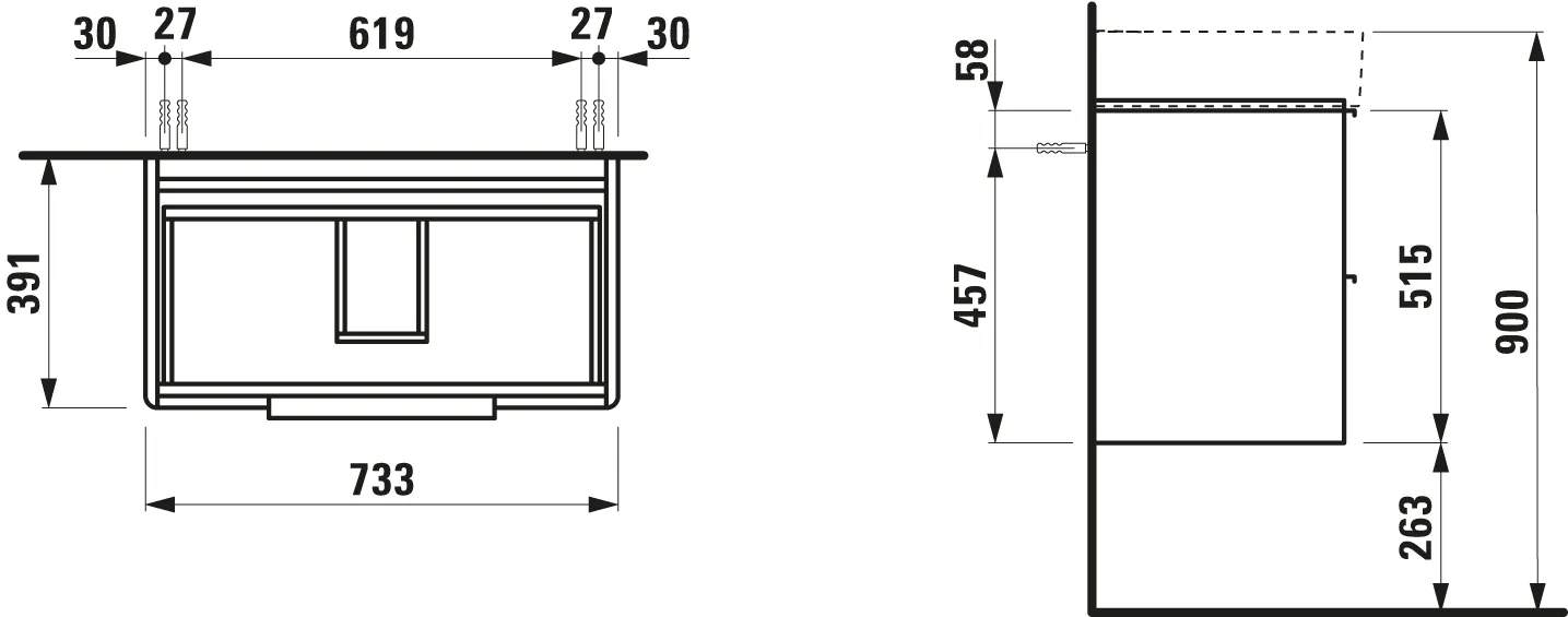 Waschtischunterbau BASE für VAL 391x733x515 2 Schubladen mit Griff aluminium eloxiert für Waschtisch H810285 weiß matt