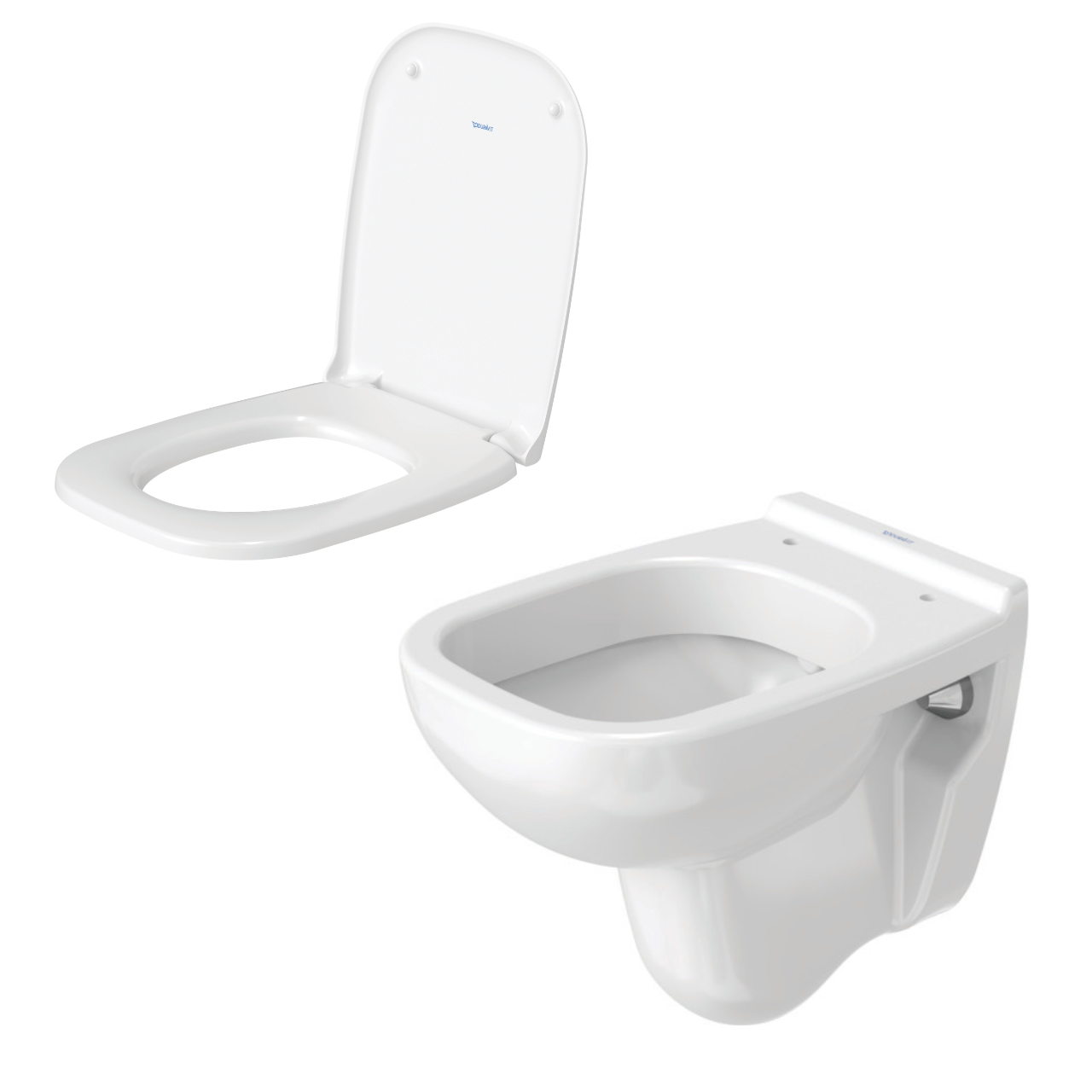 Set Wand-Tiefspül-WC Compact „D-Code“ 35 × 34 × 48 cm mit Spülrand, Duravit WC-Sitz „D-Code“ 36 × 43 × 4 cm Scharniere Edelstahl