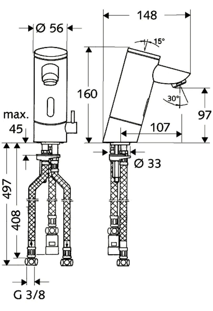 Waschtisch-Armatur PURIS E, Elektronisch, ND-M - Niederdruck Mischwasser, Infrarot, Batteriefach, 3x G 3/8 IG, chrom Waschtisch-Armatur PURIS E, Elektronisch, ND-M - Niederdruck Mischwasser, Infrarot, Batteriefach, 3x G 3/8 IG, chrom
