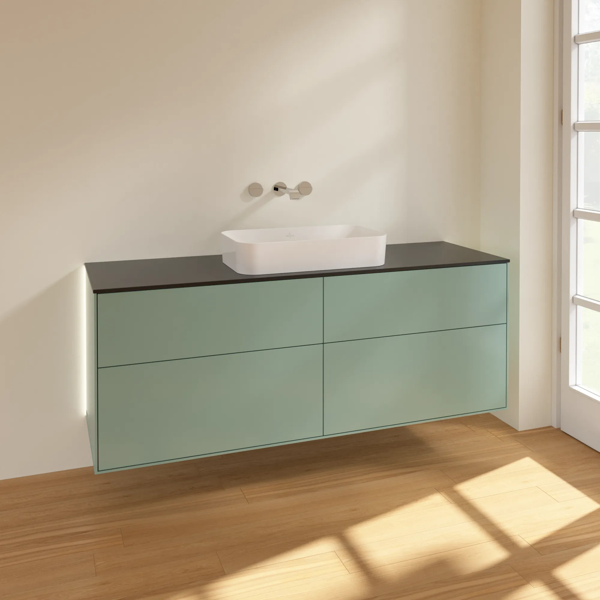 Villeroy & Boch Waschtischunterschrank „Finion“ für Schrankwaschtisch 1600 × 603 × 501 mm Olive Matt Lacquer, ohne Hahnlochbohrung, für Becken mittig