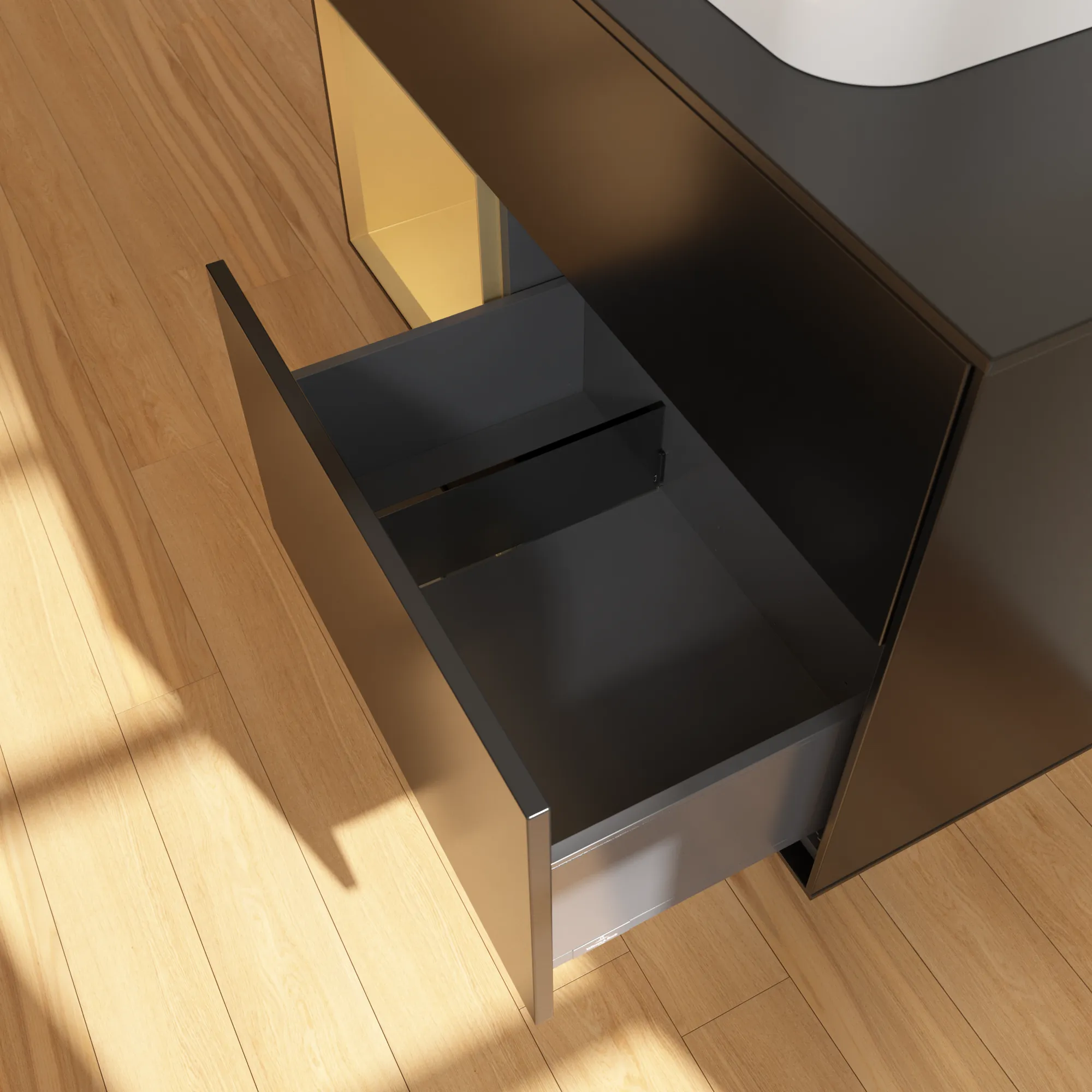 Villeroy & Boch Waschbeckenunterschrank Finion F36, 1000x603x501 mm, Black Matt Lacquer mit Gold Akzenten, mit Beleuchtung und SoftClosing