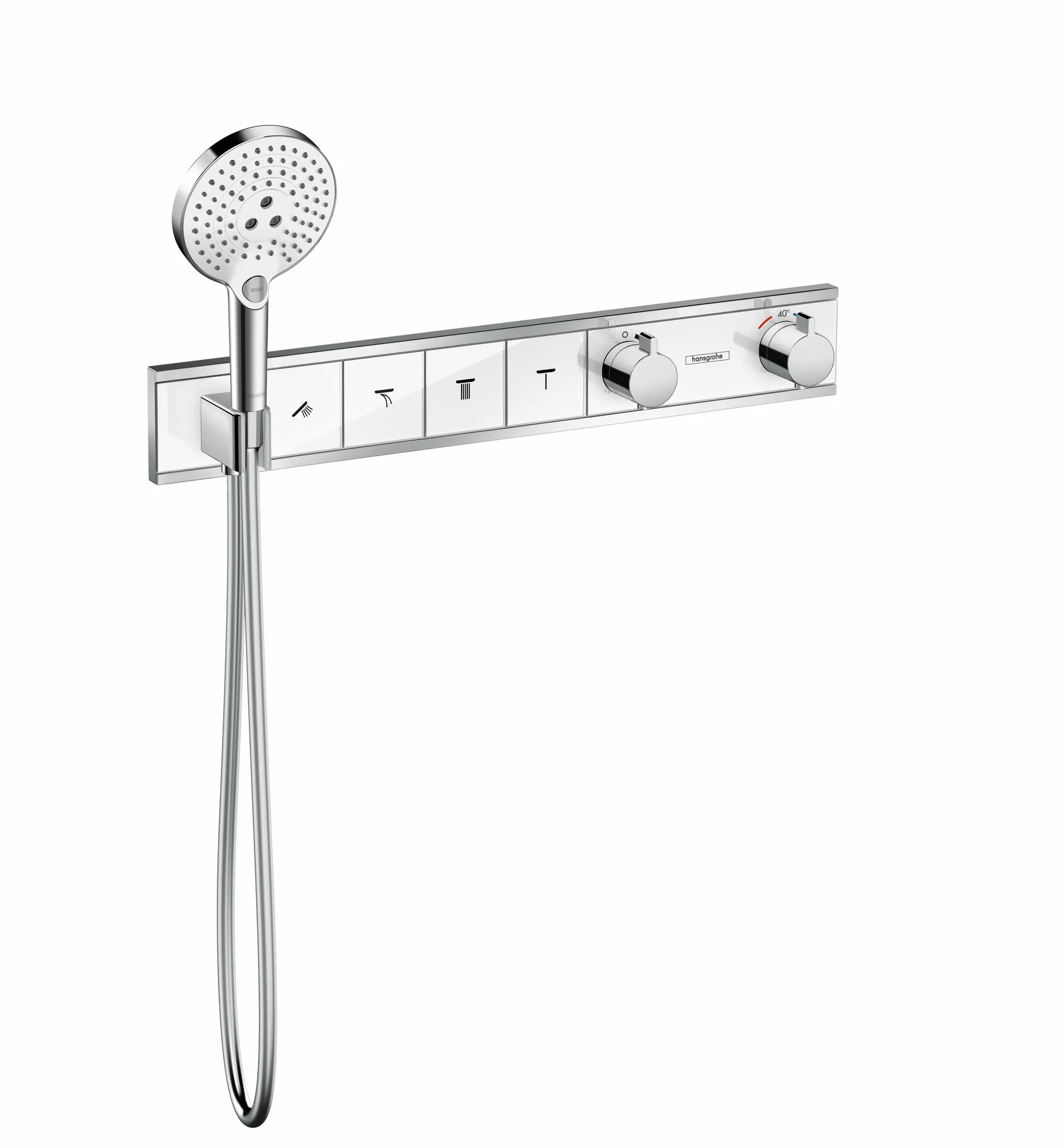 Hansgrohe RainSelect Thermostat Unterputz für 4 Verbraucher mit integriertem Brausehalter, Weiß/Chrom Hansgrohe RainSelect Thermostat Unterputz für 4 Verbraucher mit integriertem Brausehalter, Weiß/Chrom