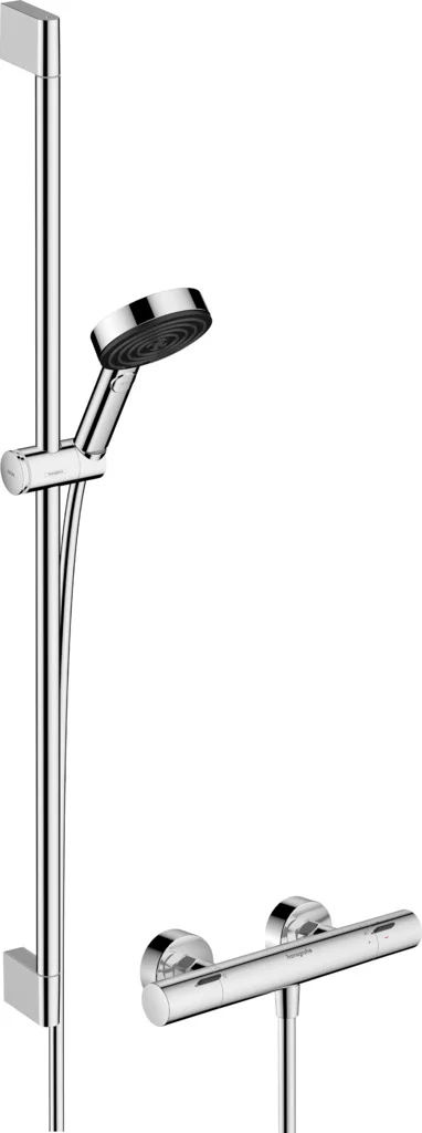 Hansgrohe Pulsify Select S Brausesystem mit Ecostat Fine Thermostat, 105 mm Brausekopf, 90 cm Brausestange, Chrom, PowderRain, IntenseRain, Massagestrahl