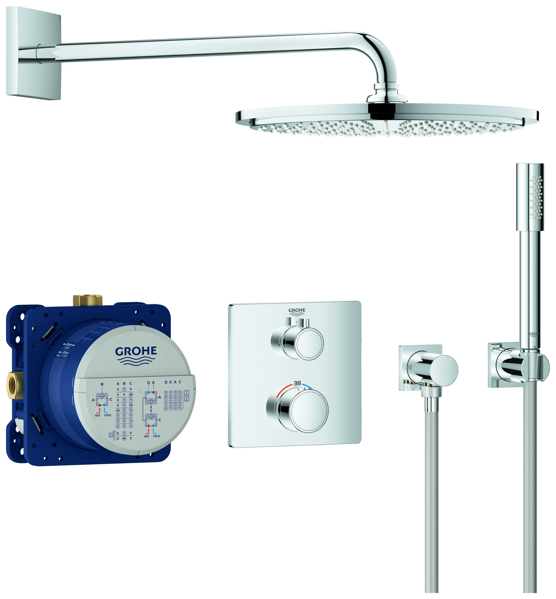 Duschsystem Unterputz Grohtherm 34730, mit Grohtherm Thermostat mit integrierter 2-Wege-Umstellung, Rainshower Cosmopolitan 310 Metall-Kopfbrause, eckige Rosette, chrom