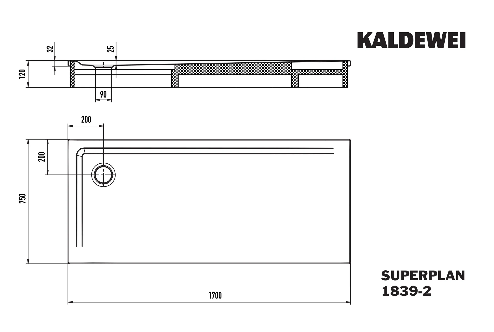 Kaldewei Duschwanne „Superplan“ 75 × 170 cm mit Antislip Secure Plus, in warm grey 90