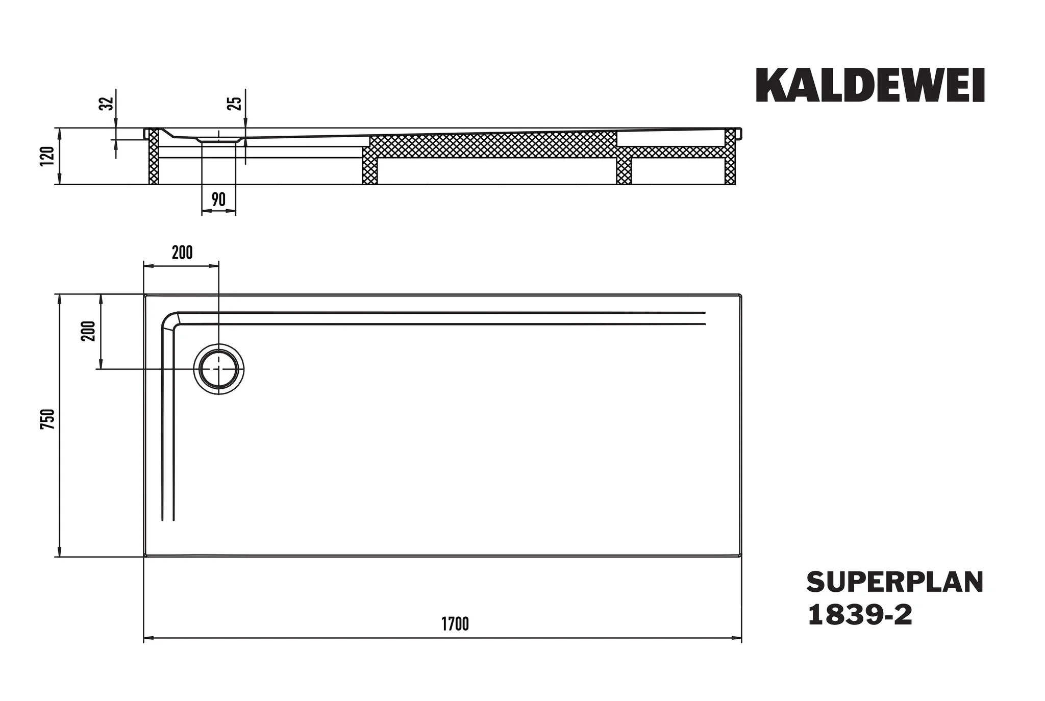 Kaldewei SUPERPLAN Duschfläche mit Wannenträger, 750x1700 mm, warm grey 90, Secure Plus, Eckablauf