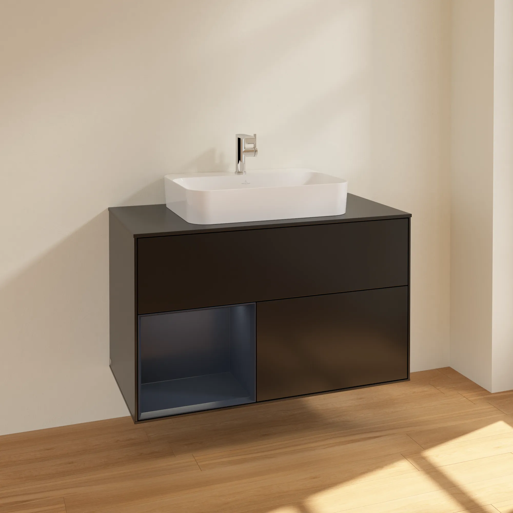 Villeroy & Boch Waschbeckenunterschrank Finion F36, 1000x603x501 mm, Black Matt Lacquer mit Midnight Blue Regal, Beleuchtung dimmbar, SoftClosing, Push-to-Open