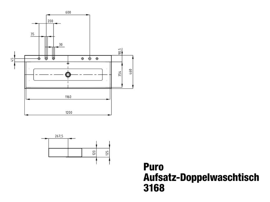 Doppelwaschtisch „Puro“ 120 × 46 cm, mit Überlauf, mit Hahnlochbohrung in alpinweiß mit Perl-Effekt
