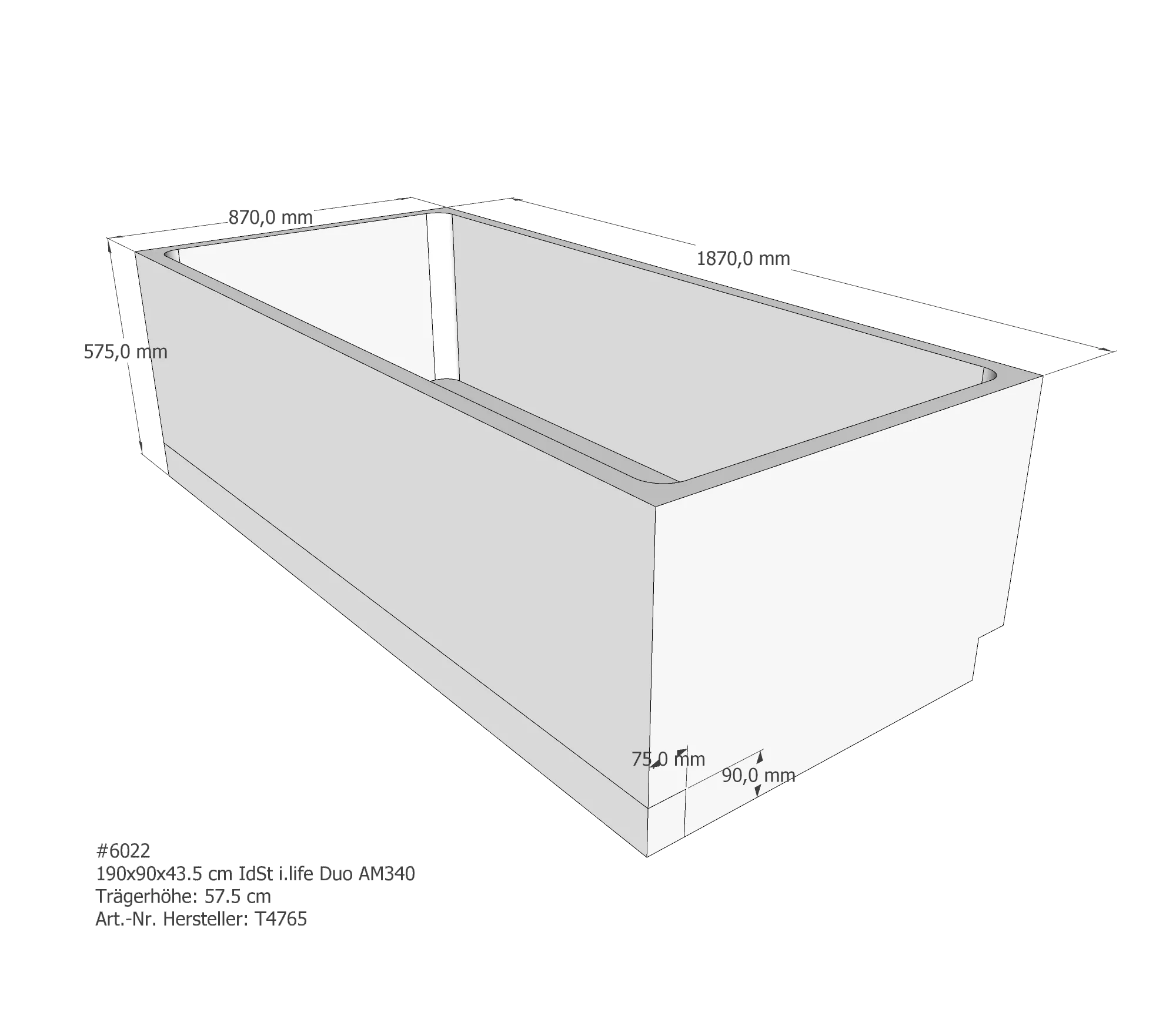 Badewannenträger passend für Ideal Standard i.life Duo 190 × 90 × 43,5 cm