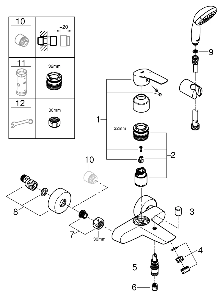 Einhand-Wannenbatterie Eurosmart 33302_3, mit Tempesta Wandhalterset, Wandmontage, Temperaturbegrenzer, S-Anschlüsse, eigensicher, chrom