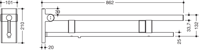 Stützklappgriff Duo, Design A des Systems 900, Edelstahl, PVD, Ausladung 850 mm, mit Spülauslösung (E-Ausführung), Ausführung rechts, in Farbe CK (messing glänzend)