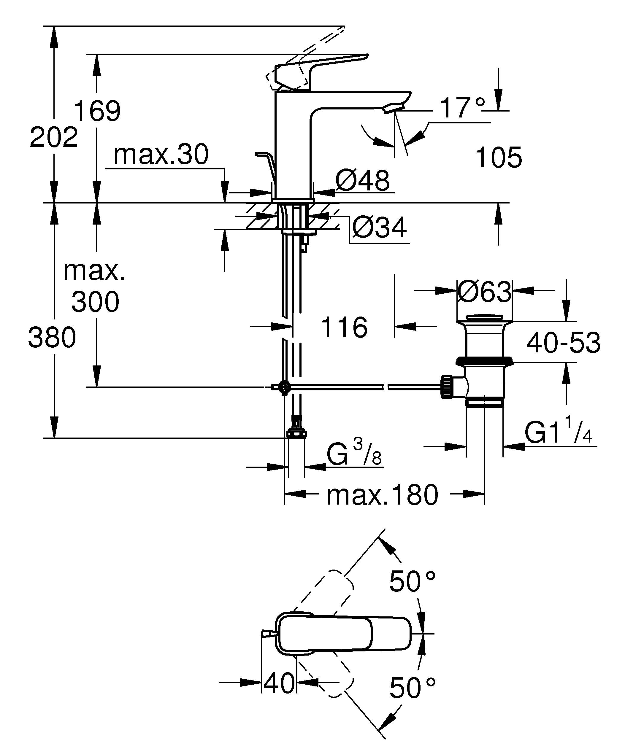 Einhand-Waschtischbatterie Cubeo 101749, M-Size, Zugstangen-Ablaufgarnitur, chrom