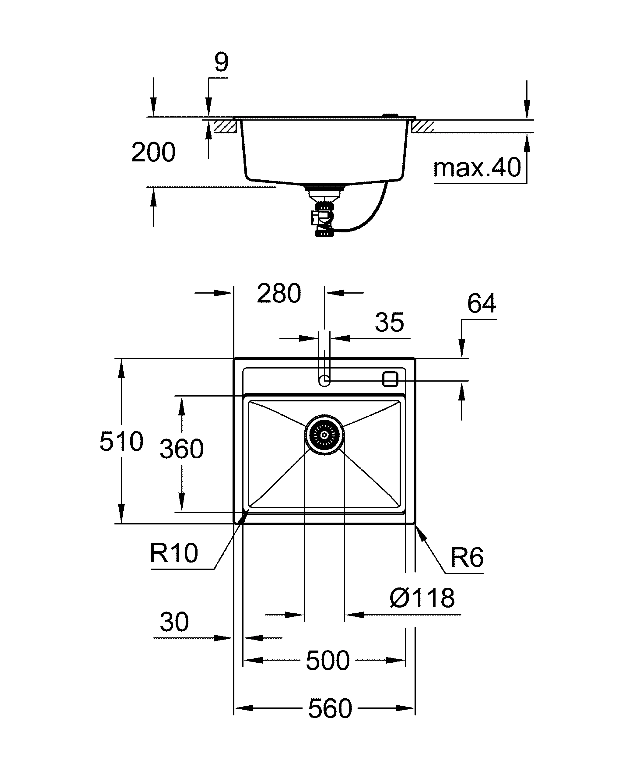 Kompositspüle K700 31651, Modell: K700 60-C 56/51 1.0, Montageart: Standard-Einbauspüle, Maße: 560 x 510 mm, 1 Becken: 500 x 360 x 200 mm, granit schwarz