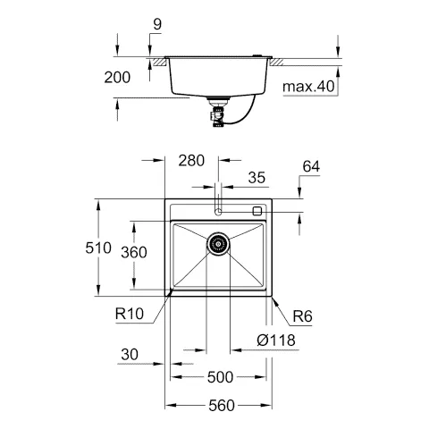 Kompositspüle K700 31651, Modell: K700 60-C 56/51 1.0, Montageart: Standard-Einbauspüle, Maße: 560 x 510 mm, 1 Becken: 500 x 360 x 200 mm, granit schwarz Kompositspüle K700 31651, Modell: K700 60-C 56/51 1.0, Montageart: Standard-Einbauspüle, Maße: 560 x 510 mm, 1 Becken: 500 x 360 x 200 mm, granit schwarz