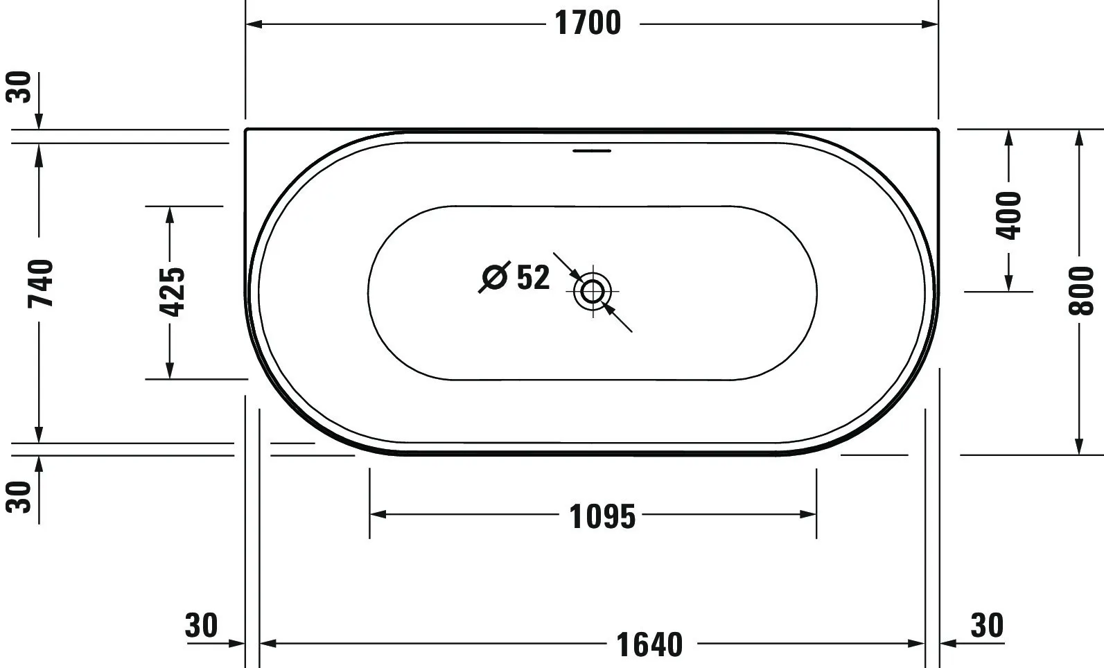 Duravit Badewanne „DuraSenja“ vorwand oval 170 × 80 cm, mittig, weiß Sonderpreis 