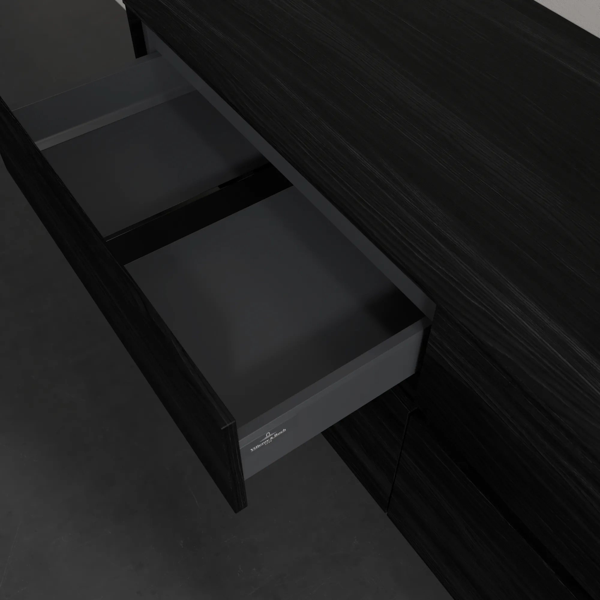 Villeroy & Boch Waschtischunterschrank „Collaro“ 1400 × 548 × 500 mm Black Oak, mit Beleuchtung, für Becken rechts Villeroy & Boch Waschtischunterschrank „Collaro“ 1400 × 548 × 500 mm Black Oak, mit Beleuchtung, für Becken rechts