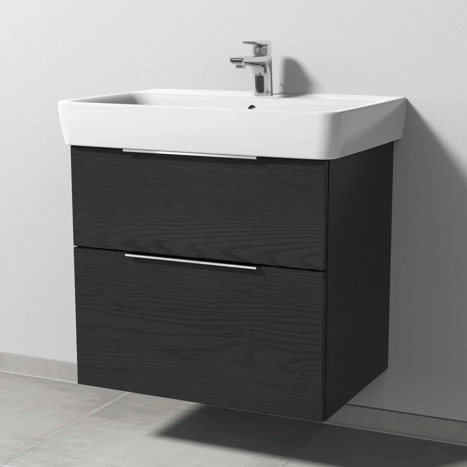 Sanipa Waschtischunterschrank „3way“ passend zu Keramik-Waschtische Renova Plan von Geberit 635 × 588 × 407 mm in Black Oak, Becken mittig