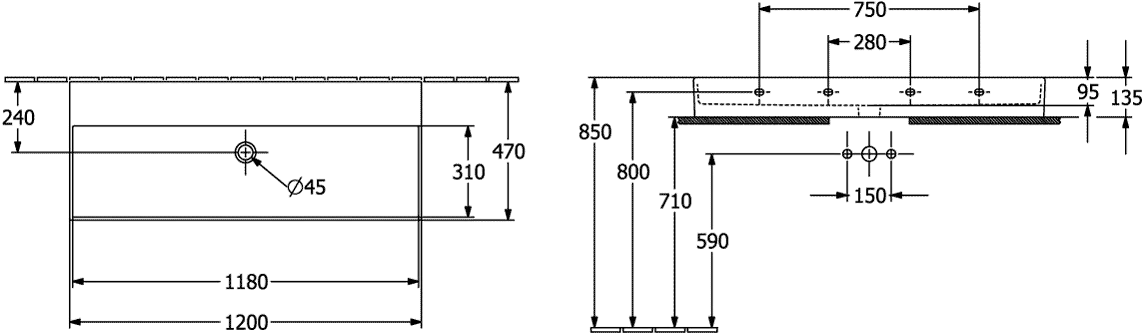 Villeroy & Boch Wandwaschtisch aus TitanCeram geschliffen „Memento 2.0“ 1200 × 470 × 150 mm, ohne Hahnlochbohrung in Stone White Villeroy & Boch Wandwaschtisch aus TitanCeram geschliffen „Memento 2.0“ 1200 × 470 × 150 mm, ohne Hahnlochbohrung in Stone White