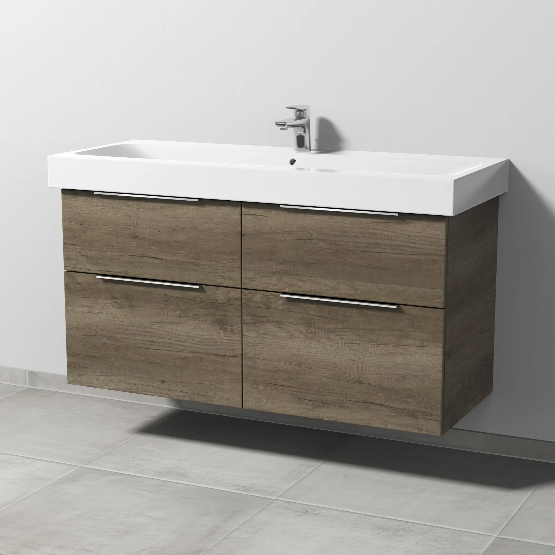 Sanipa Waschtischunterschrank „3way“ passend zu Keramik-Waschtische iCon von Geberit 1150 × 593 × 462 mm in Eiche Nebraska, Becken mittig