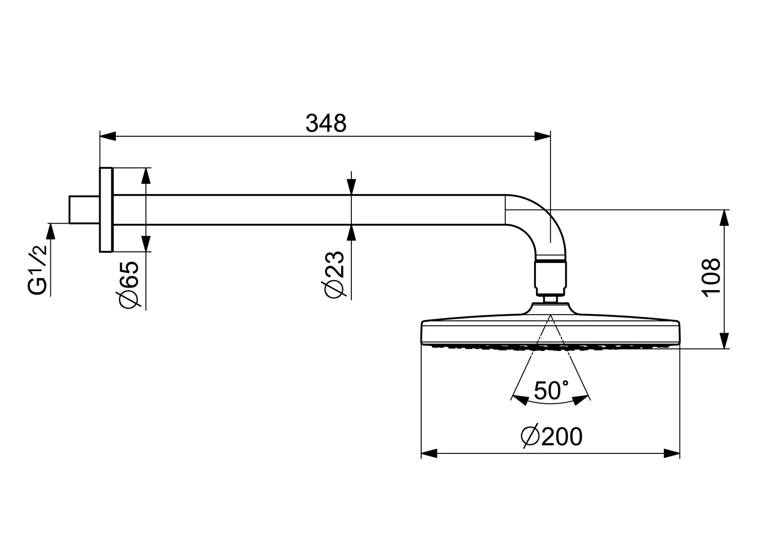 HansaBASICJET Kopfbrause 4436, 1-strahlig, Ausladung 348 mm, DN 15, Chrom