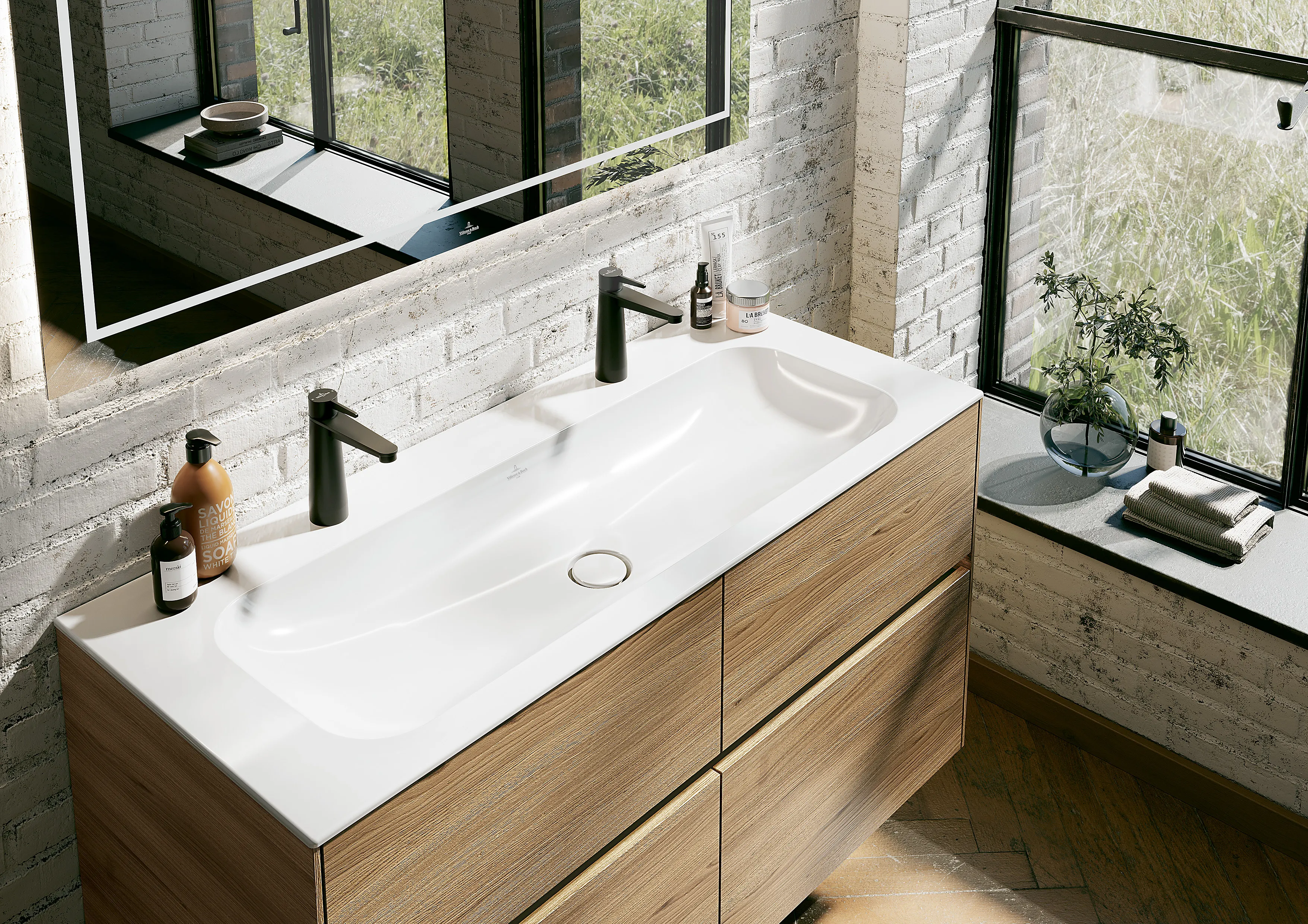 Villeroy & Boch Schrankwaschtisch aus TitanCeram „Finion“ 1200 × 500 × 160 mm, Hahnlochposition links und rechts, mit Hahnlochbohrung in Weiß Alpin, mit CeramicPlus Villeroy & Boch Schrankwaschtisch aus TitanCeram „Finion“ 1200 × 500 × 160 mm, Hahnlochposition links und rechts, mit Hahnlochbohrung in Weiß Alpin, mit CeramicPlus