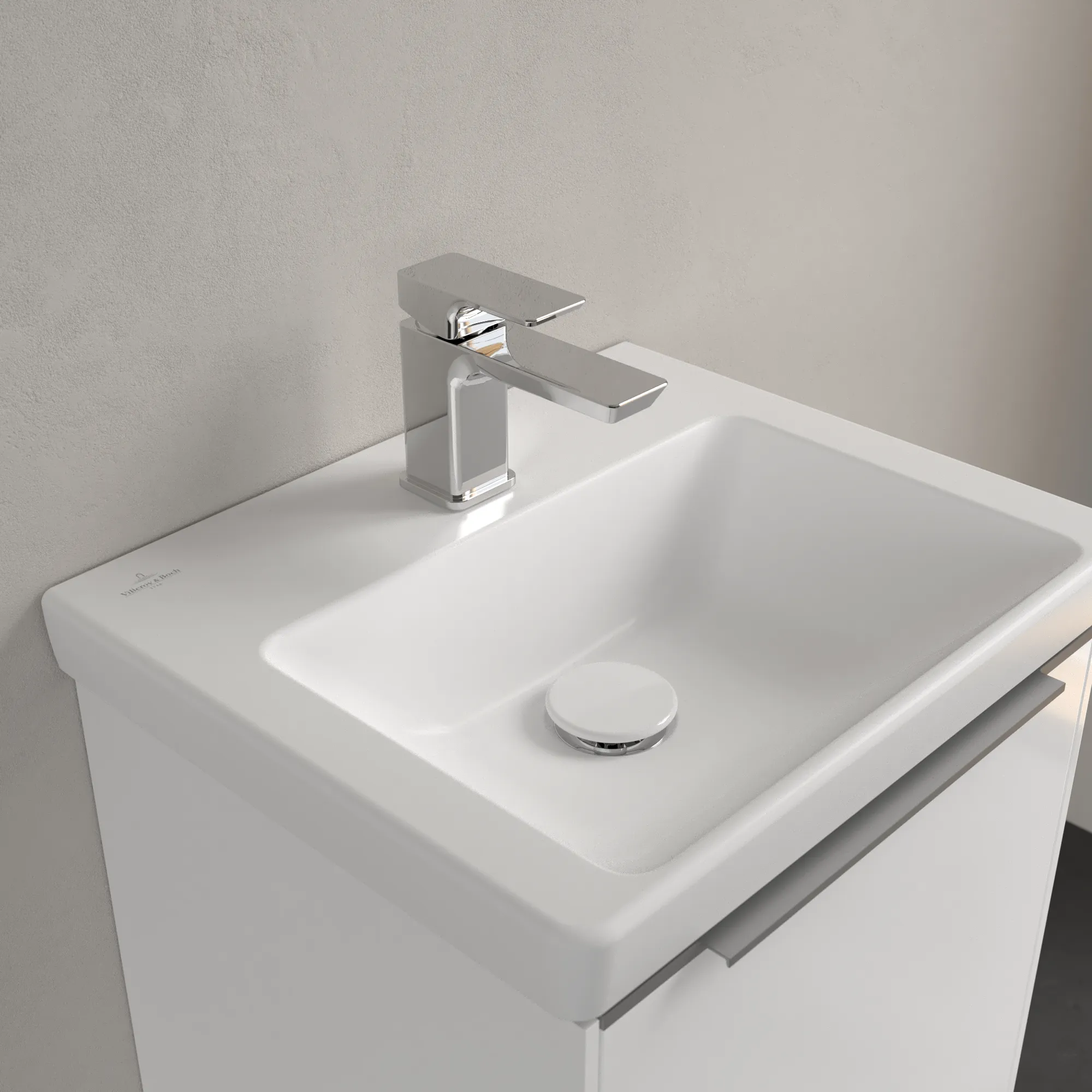 Villeroy & Boch Handwaschbecken für Montage mit Möbel „Subway 3.0“ 450 × 370 × 145 mm, mit Hahnlochbohrung, Hahnlochposition mittig in Stone White Villeroy & Boch Handwaschbecken für Montage mit Möbel „Subway 3.0“ 450 × 370 × 145 mm, mit Hahnlochbohrung, Hahnlochposition mittig in Stone White