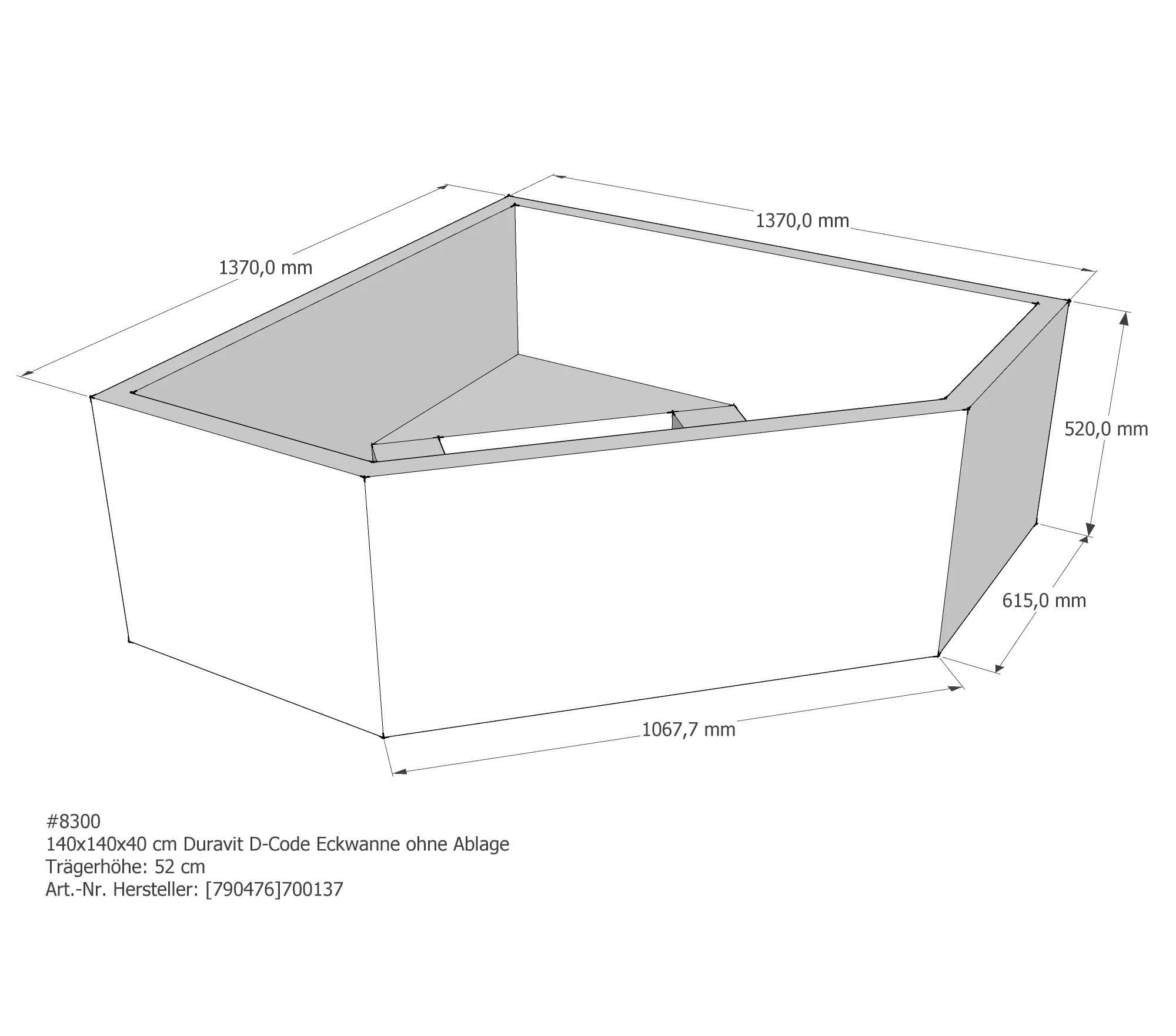Badewannenträger für Duravit D-Code 140 × 140 × 40 cm Badewannenträger für Duravit D-Code 140 × 140 × 40 cm